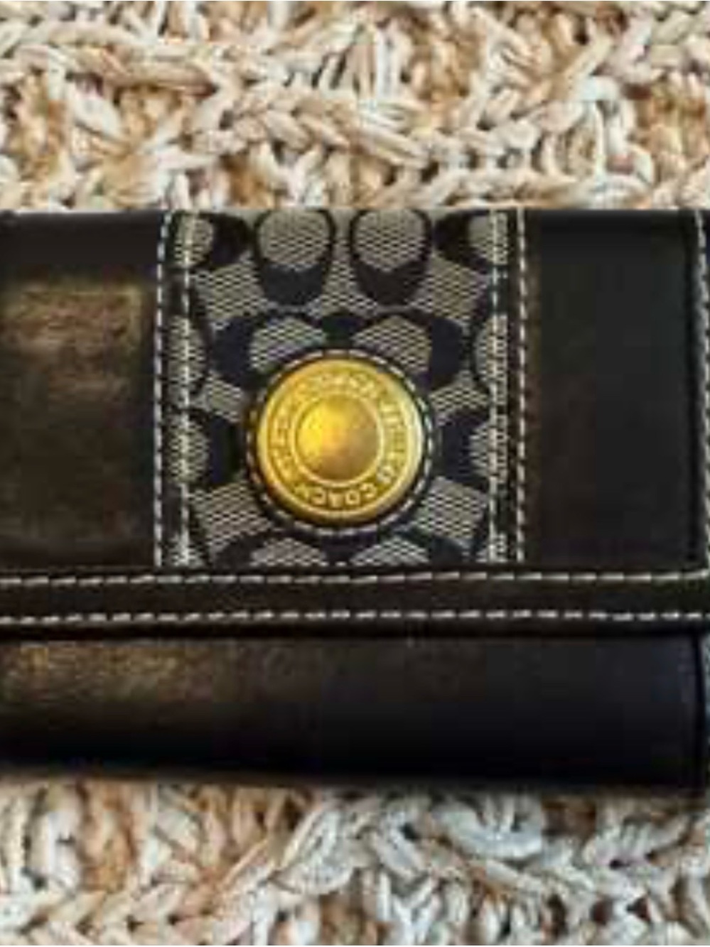 Coach Black Signature Tri-Panel Wallet with Gold Button